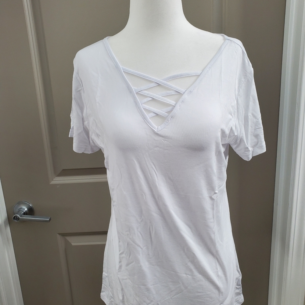 Short Sleeve Criss Cross V Neck Top - Size M